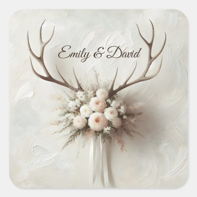 Wedding Bouquet und Deer Antlers Quadratischer Aufkleber (Vorderseite)