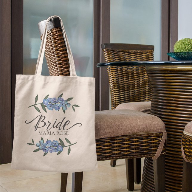 Wedding Bride Blue Botanical Floral Personalisiert Tragetasche (Blue floral calligraphy script custom tote bag)