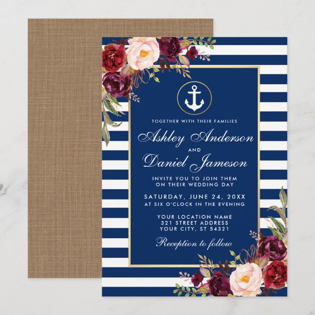 Wedding Burgundy Nautical Blue Stripes Einladung B (Vorne/Hinten)