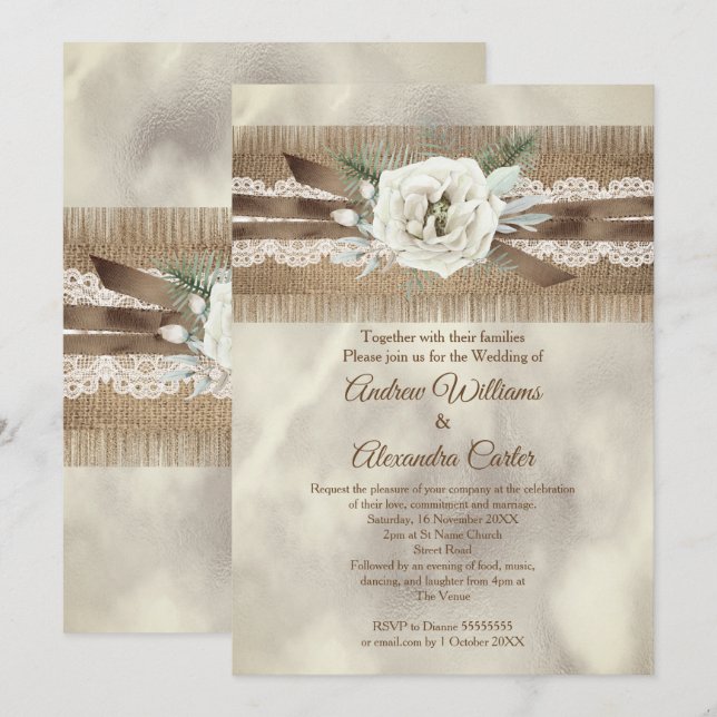 Wedding Burlap Beige White Rose Lace Bow Einladung (Vorne/Hinten)