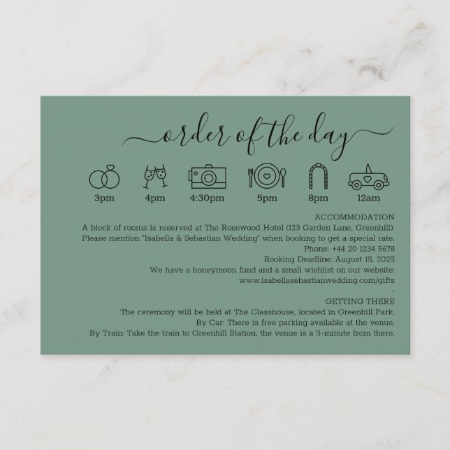 Wedding Cadet Blue Green Details Order Of The Day Begleitkarte (Vorderseite)
