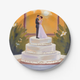 Wedding Cake Bride & Groom Brunette Watercolor Pappteller