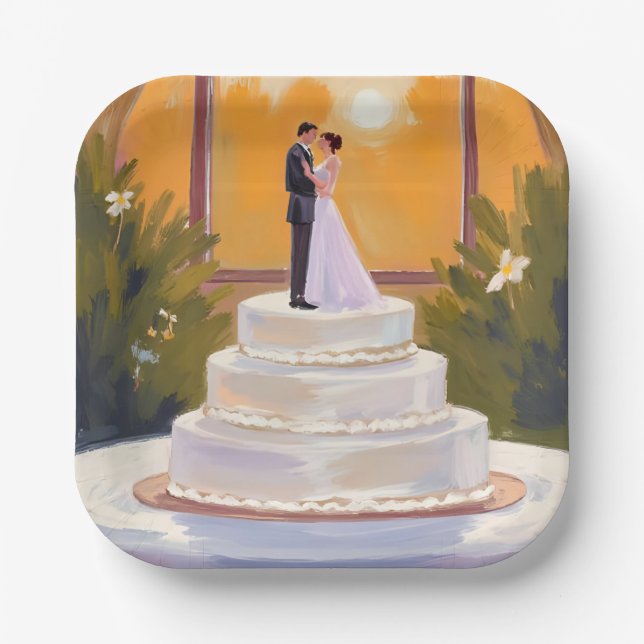 Wedding Cake Bride & Groom Brunette Watercolor Pappteller (Vorderseite)