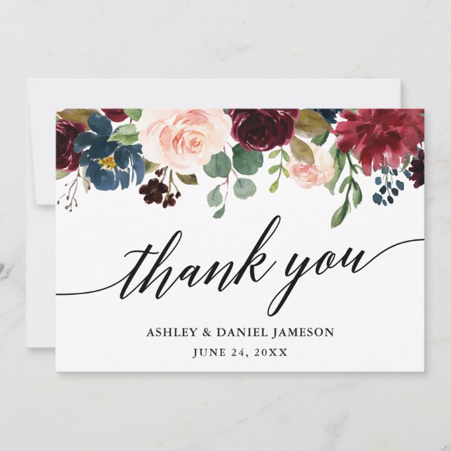 Wedding Calligraphy l Blue Burgundy Floral Dankeskarte (Vorderseite)