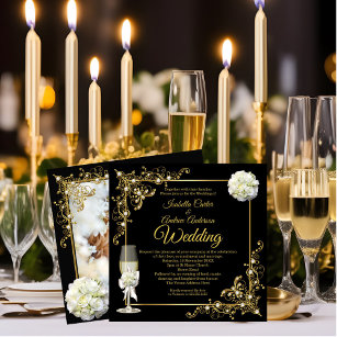 Wedding Champagne Black Gold Pearl Foto Einladung
