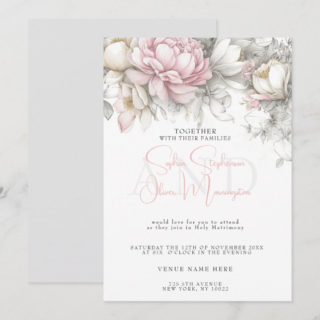 Wedding | Classic Modern Ivory and Blush Floral  Einladung (Vorne/Hinten)