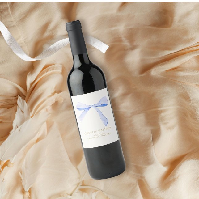 Wedding Couple Dusty Blue Ribbon Weinetikett (Von Creator hochgeladen)