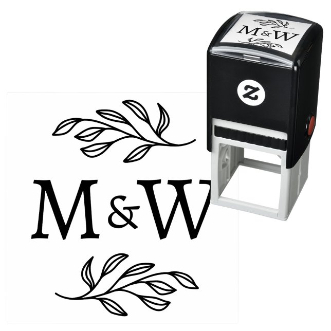 Wedding Couple Monogram Elegant Botanical Permastempel (Modern wedding couple monogram logo initials self inking stamp with botanical leaf sprig)