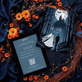 Wedding Couple Spooky Forest Toward Haunted Castle RSVP Karte