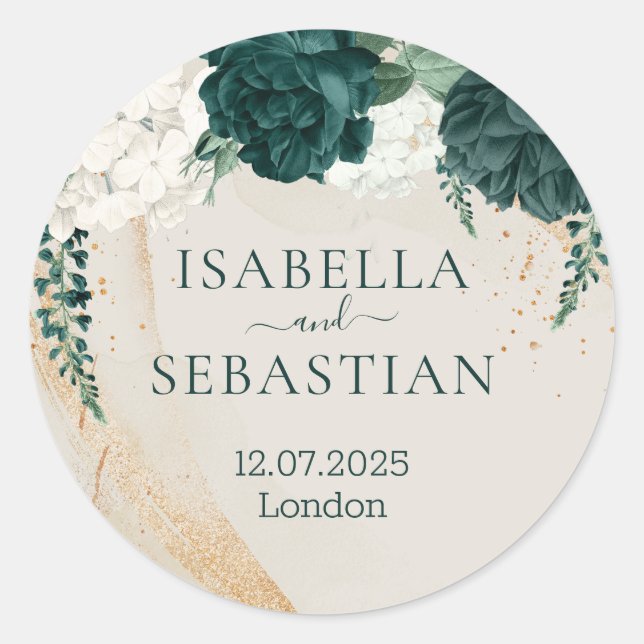 Wedding Cream Beige Emerald Green Rose Floral Runder Aufkleber (Vorderseite)