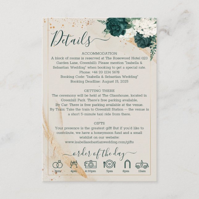 Wedding Cream Details Emerald Green Rose Floral Begleitkarte (Vorderseite)