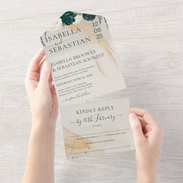 Wedding Cream Kindly Reply Emerald Green Rose All In One Einladung (Abreißtisch)