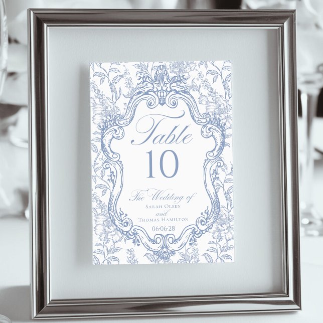 Wedding Crest Blue Floral Elegant Script Tischnummer (Von Creator hochgeladen)