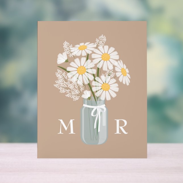 Wedding Daisies Mason Jar Monogram Initial Beige Acrylschild (Neutral)
