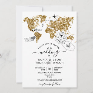 Wedding Destination Glitzer Gold Weltkarte Einladung