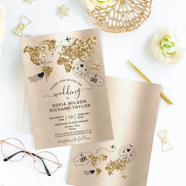 Wedding Destination Glitzer Gold Weltkarte Einladung (Von Creator hochgeladen)