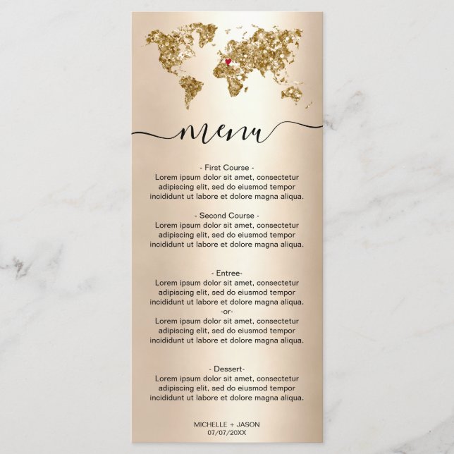 Wedding Destination Gold Glitzer Weltkarte Herzlic Menükarte (Vorderseite)