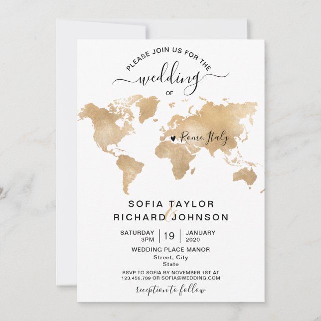 Wedding Destination Gold Weltkarte Einladung zum H (Vorderseite)