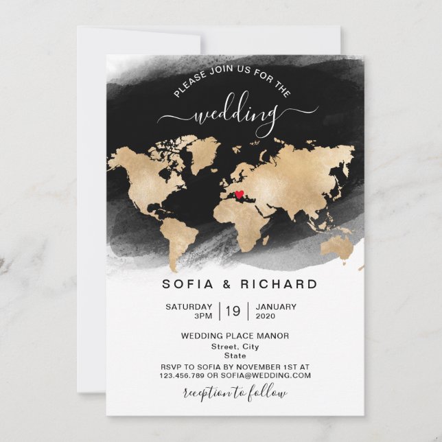 Wedding Destination Gold Weltkarte Einladung zum H (Vorderseite)