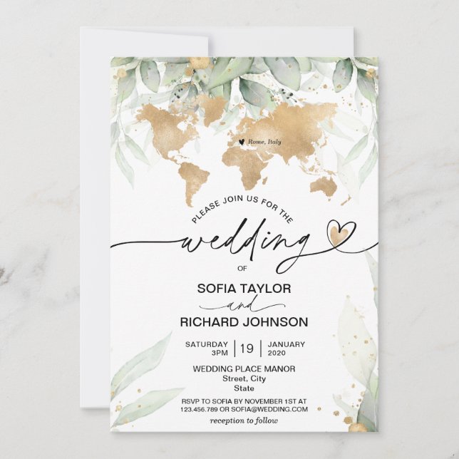 Wedding Destination Gold Weltkarte Florentiner Ein Einladung (Vorderseite)