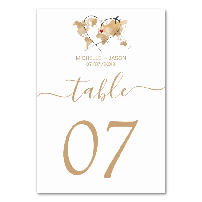 Wedding Destination Gold Weltkarte und Herz Tischnummer (Vorderseite)