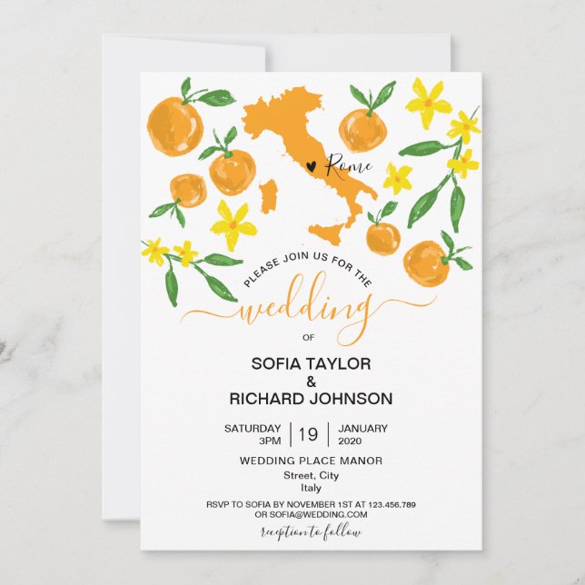 Wedding Destination Italien Orange Einladung (Vorderseite)