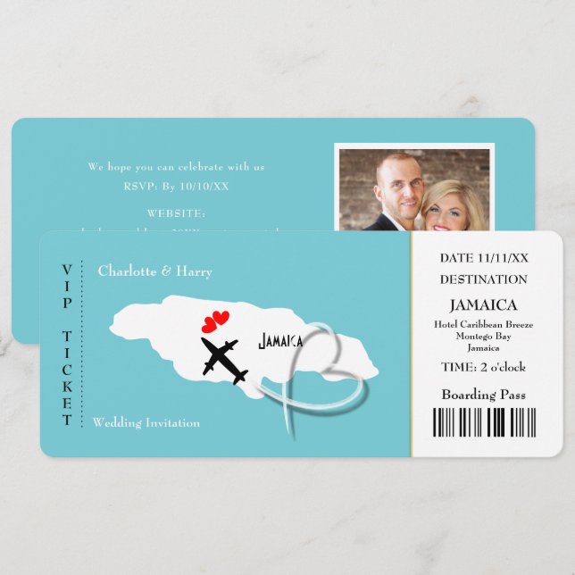 Wedding Destination Jamaica Ticket Pass Foto Einladung (Vorne/Hinten)