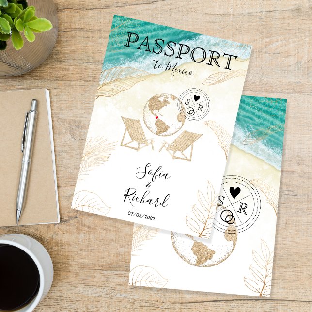 Wedding Destination Mexiko Pass Gold Weltkarte Einladung (Von Creator hochgeladen)