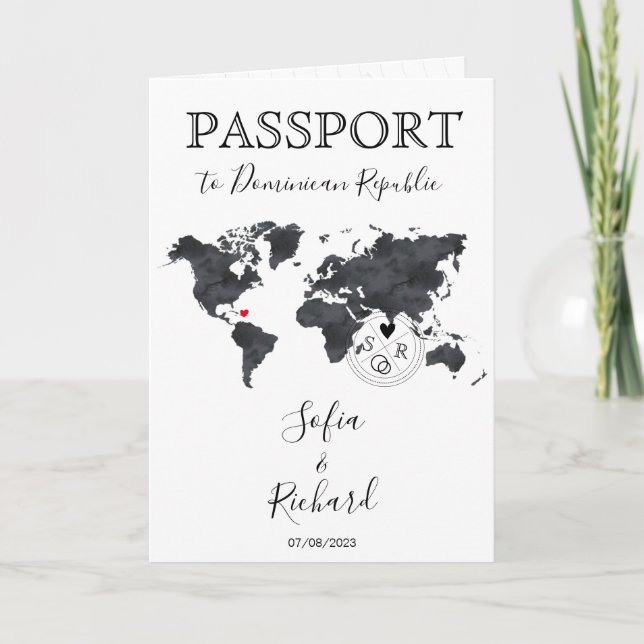 Wedding Destination Passport Blue World Map Schwar Einladung (Vorderseite)