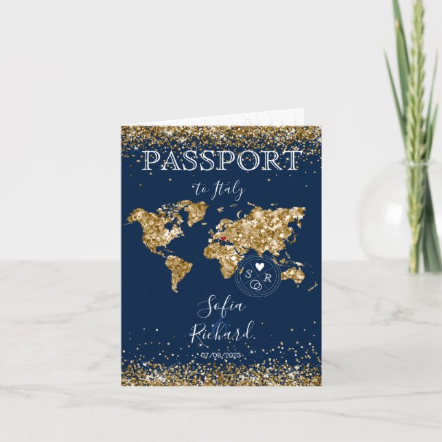 Wedding Destination Passport Gold Weltkarte Blau I Einladung (Vorderseite)
