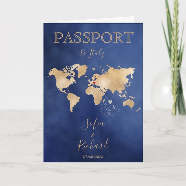 Wedding Destination Passport Gold Weltkarte Einladung (Vorderseite)
