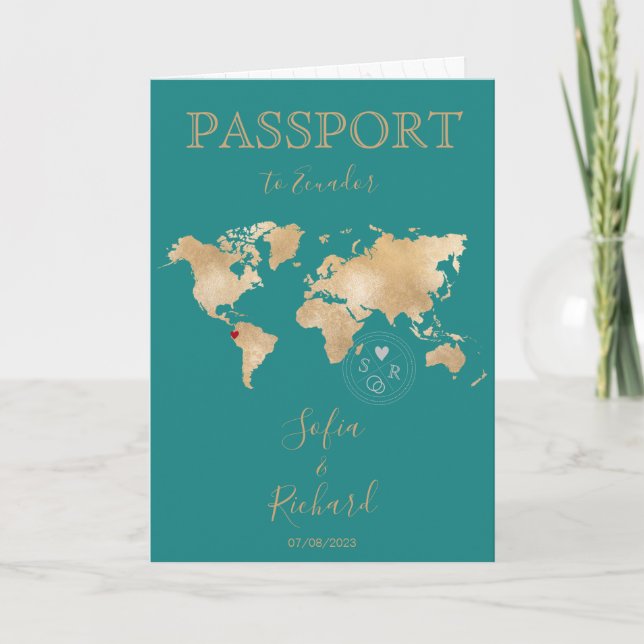 Wedding Destination Passport Gold Weltkarte Einladung (Vorderseite)