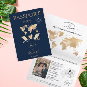 Wedding Destination Passport Gold Weltkarte Einladung