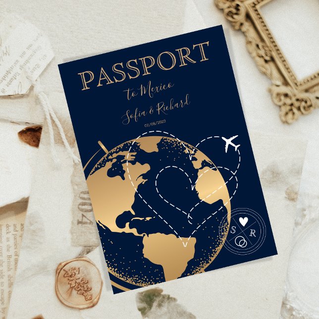 Wedding Destination Passport Gold Weltkarte Flugze Einladung (Von Creator hochgeladen)