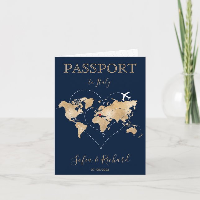 Wedding Destination Passport Gold Weltkarte Herz Einladung (Vorderseite)
