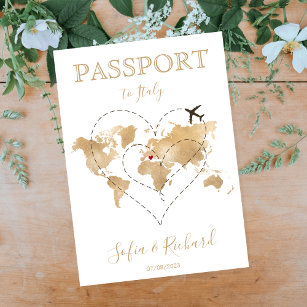 Wedding Destination Passport Gold Weltkarte Herz Einladung