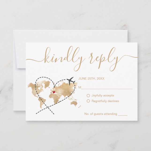 Wedding Destination Passport Gold Weltkarte RSVP Karte (Vorderseite)