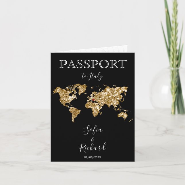 Wedding Destination Passport Gold Weltkarte Schwar Einladung (Vorderseite)