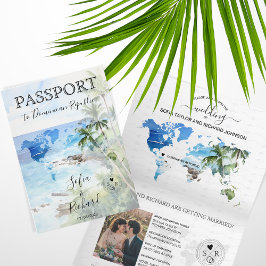 Wedding Destination Passport Green World Map Palm Einladung