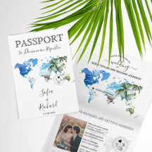 Wedding Destination Passport Green World Map Palm