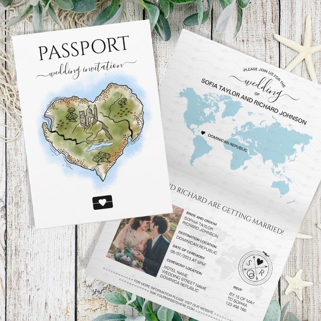 Wedding Destination Passport Illustrierte Herzkart Einladung (Von Creator hochgeladen)