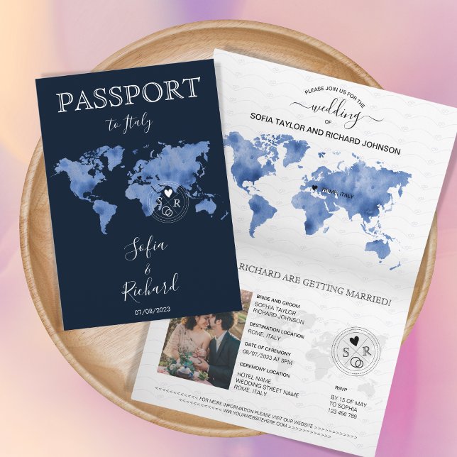 Wedding Destination Passport Navy Blue Weltkarte Einladung (Von Creator hochgeladen)