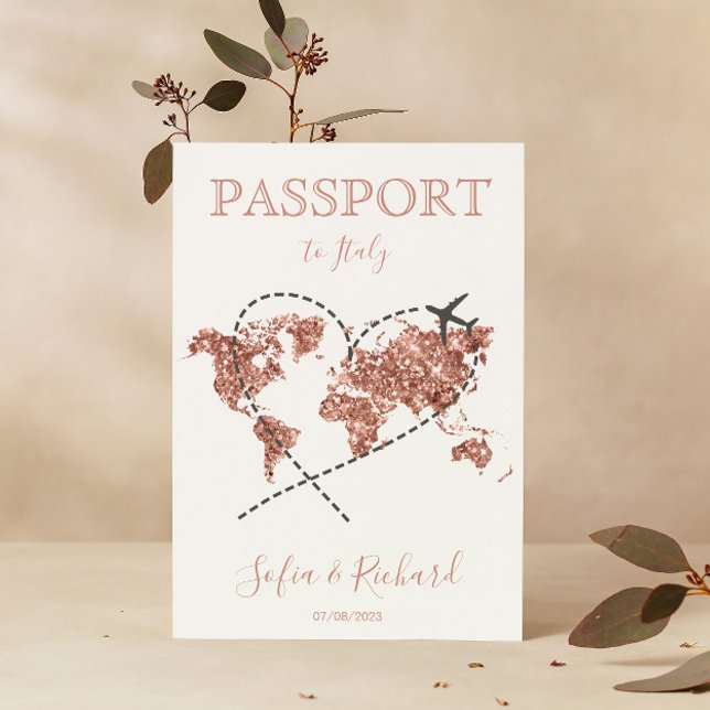 Wedding Destination Passport Rose Gold Weltkarte Einladung (Von Creator hochgeladen)