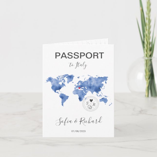 Wedding Destination Passport Wasserfarbe Weltkarte Einladung (Vorderseite)