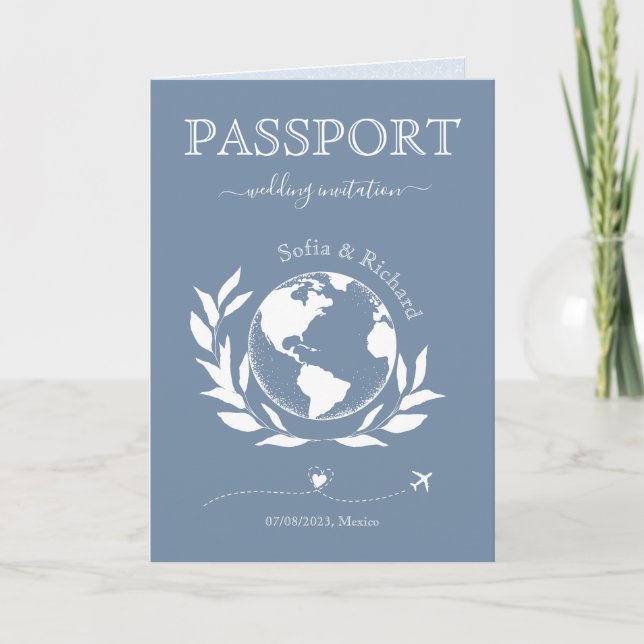 Wedding Destination Passport Weltkarte Blumenblau Einladung (Vorderseite)