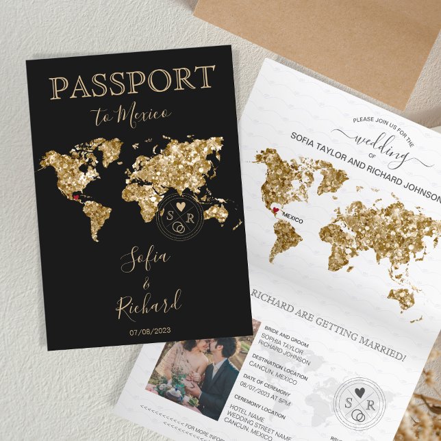 Wedding Destination Passport - Weltkarte Mexiko Einladung (gold glitter and black passport wedding invitation)