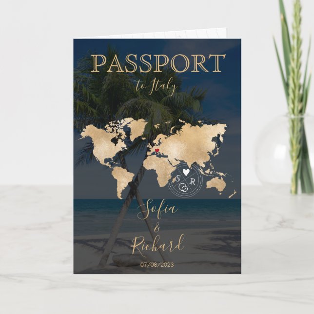 Wedding Destination Passport Weltkarte Palm Beach Einladung (Vorderseite)