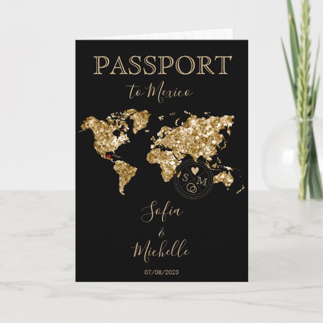 Wedding Destination Passport Weltkarte Zwei Brides Einladung (Vorderseite)
