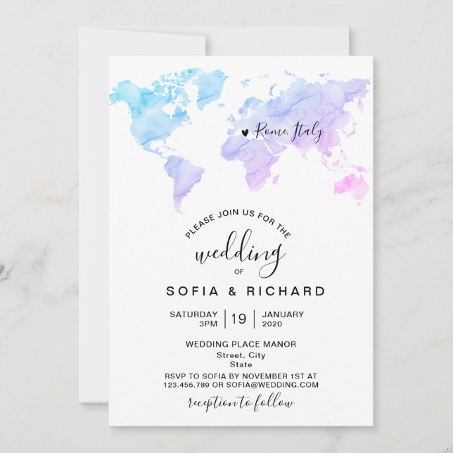 Wedding Destination Watercolor - Weltkarte Herzlic Einladung (Vorderseite)