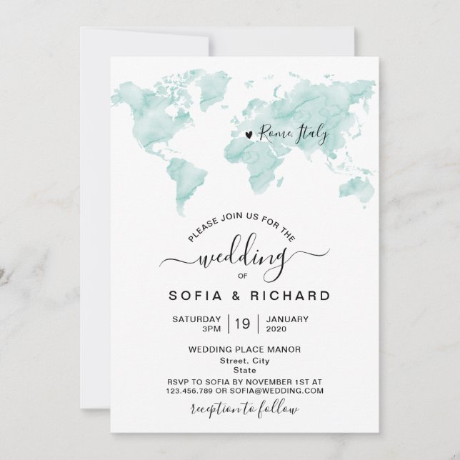 Wedding Destination Watercolor - Weltkarte Herzlic Einladung (Vorderseite)